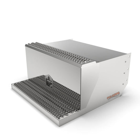 PETERBILT MIRROR FINISH STAINLESS PUNCHED TOOL BOX WITH HINGE AND T-HANDLE LATCH