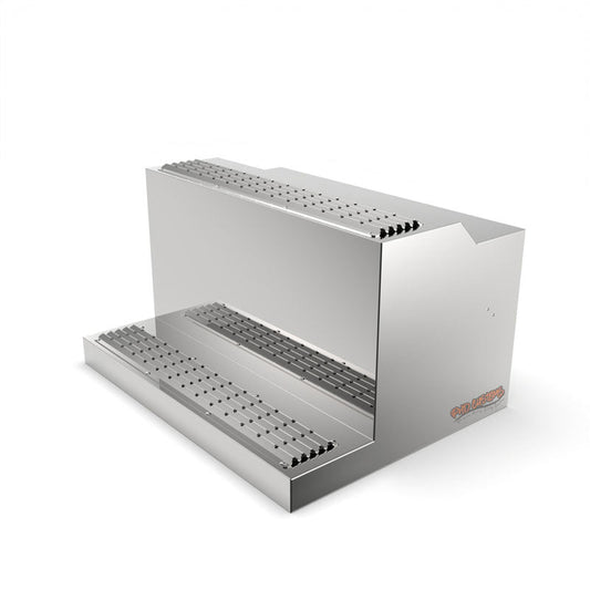 PETERBILT MIRROR FINISH STAINLESS SMOOTH BATTERY BOX COVER WITH STRAIGHT CORNERS, RAISED STEP AND GRIPS (INCLUDES TWO STAINLESS & RUBBER LATCHES)
